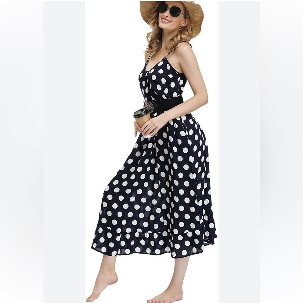 BUENOS NINOS NEW Women's Flowing Midi Dress Navy with White Dots Pockets XXXL